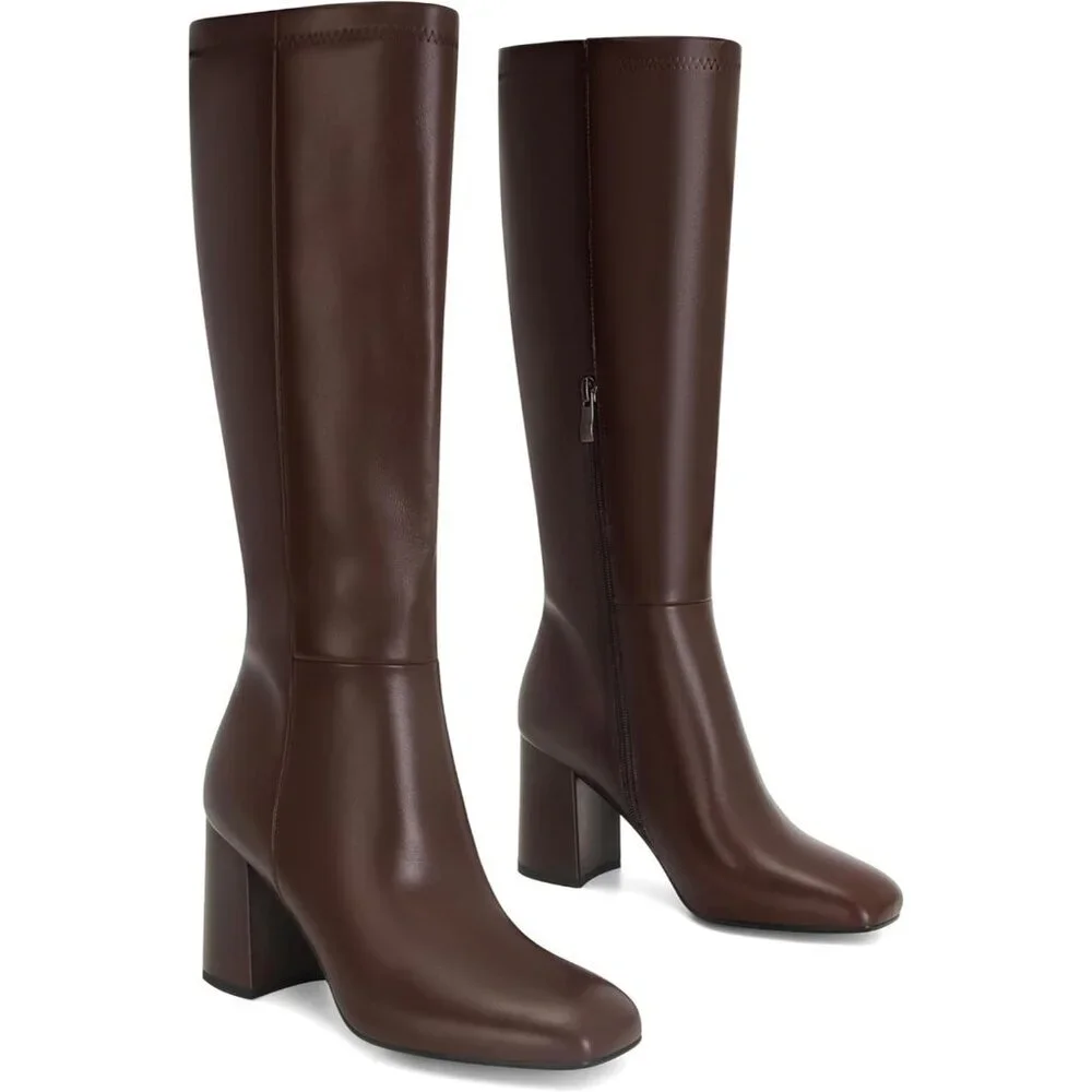Women's Faux Leather Square Toe Chunky Heel Knee High Boots Side Zip Dark Brown
